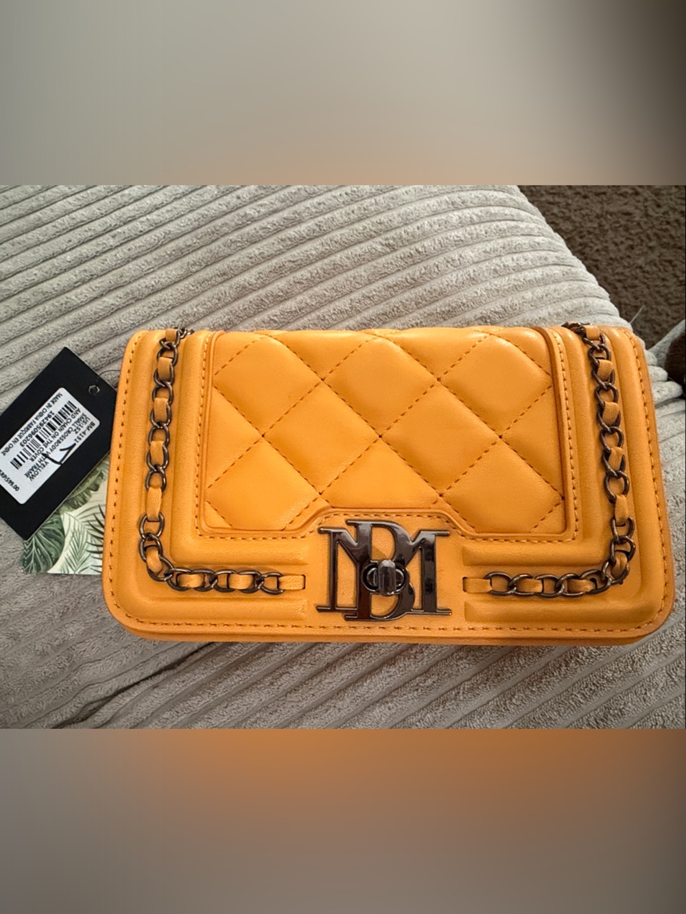 Badgley Mischka Quilted Mustard Yellow Chain-Accent Crossbody Wallet